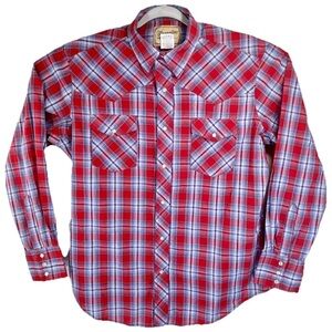 Wrangler Pearl Snap Shirt Men’s Large Red Plaid Long Sleeve Western Rodeo Cowboy